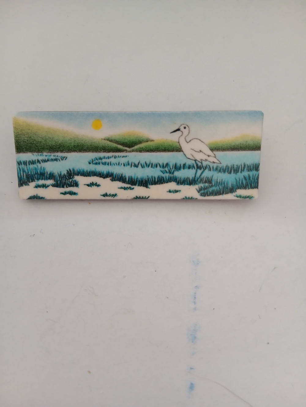 Scenic Marshland Heron Ceramic Wall Tile - Blue Green